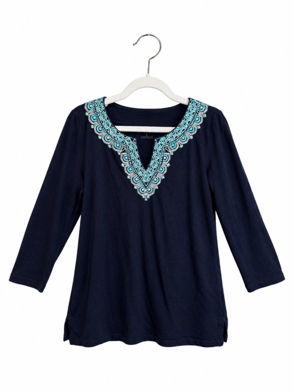 Talbots Navy Teal Embroidered V-Neck Split Neck 3/4 Sleeve Tunic